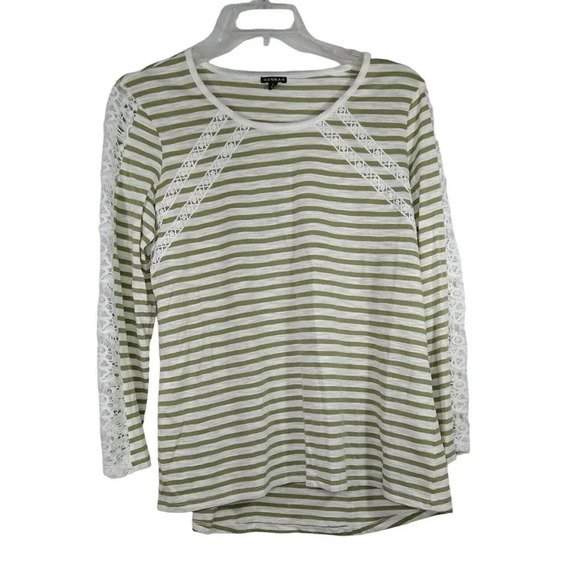 Hannah Jersey Knit Top T-Shirt Women Size L Green Stripe with Lace Sleeve - Picture 2 of 6